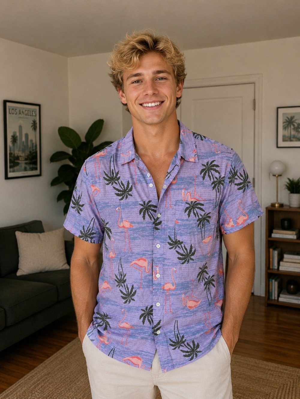 Tropical Flamingo Button-Up Hawaiian Shirt in Lavender and Pink